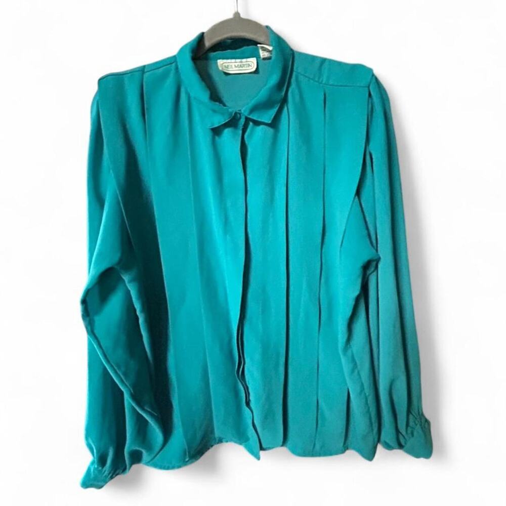 Large vintage 80s teal blue roomy blouse with pleated front and long sleeves